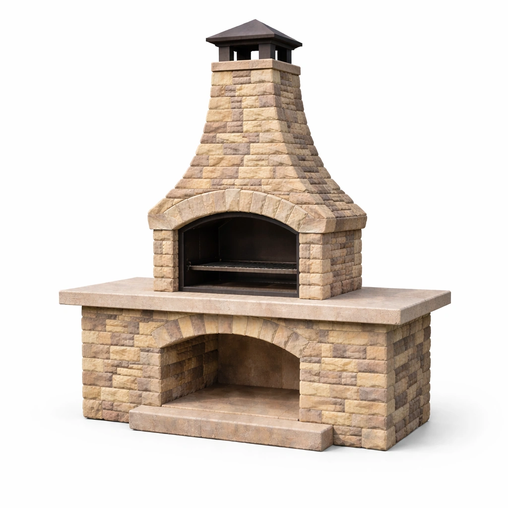 Barbacoa de piedra exterior con chimenea 200x150x80cm-HOMNIVO