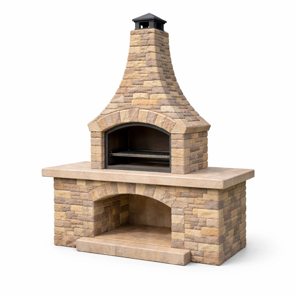 Barbacoa de piedra para exteriores con chimenea-HOMNIVO