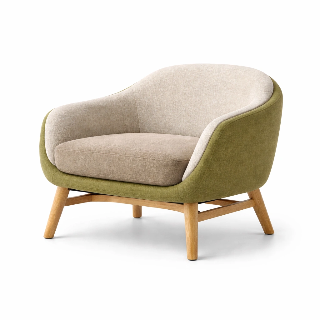 Sillón de tela beige y verde con patas de madera-HOMNIVO