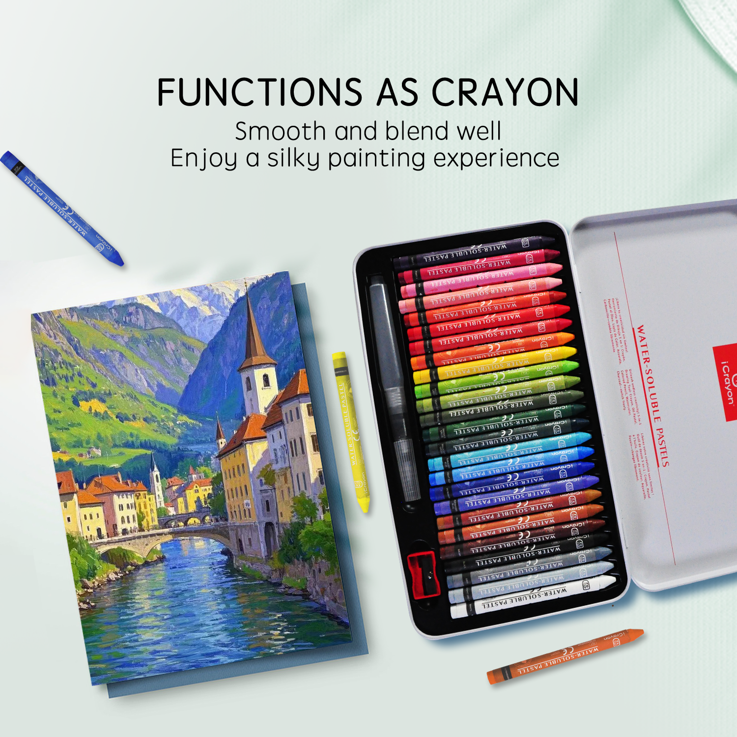 iCrayon Water Soluble Pastels, Watercolor Pastels Set for Beginners and Hobbyists, Includes Sharpener, Palette & Brush for Vibrant Art Creations