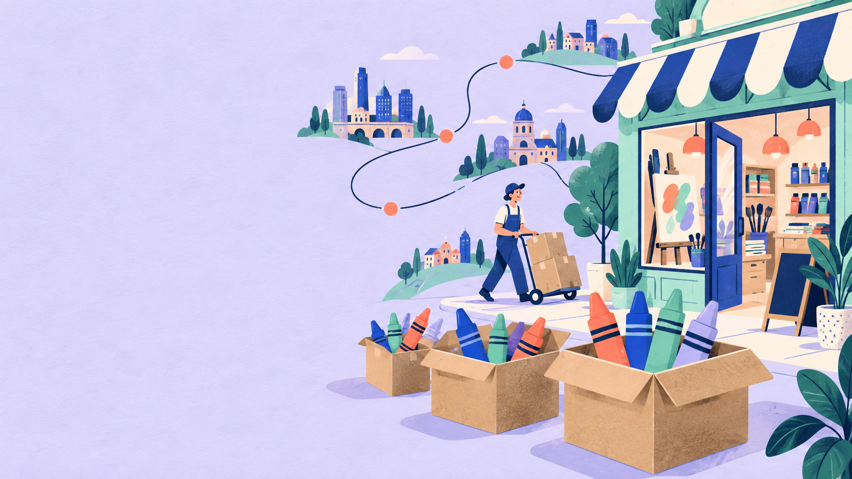 Illustration of an art supply shop and distribution network