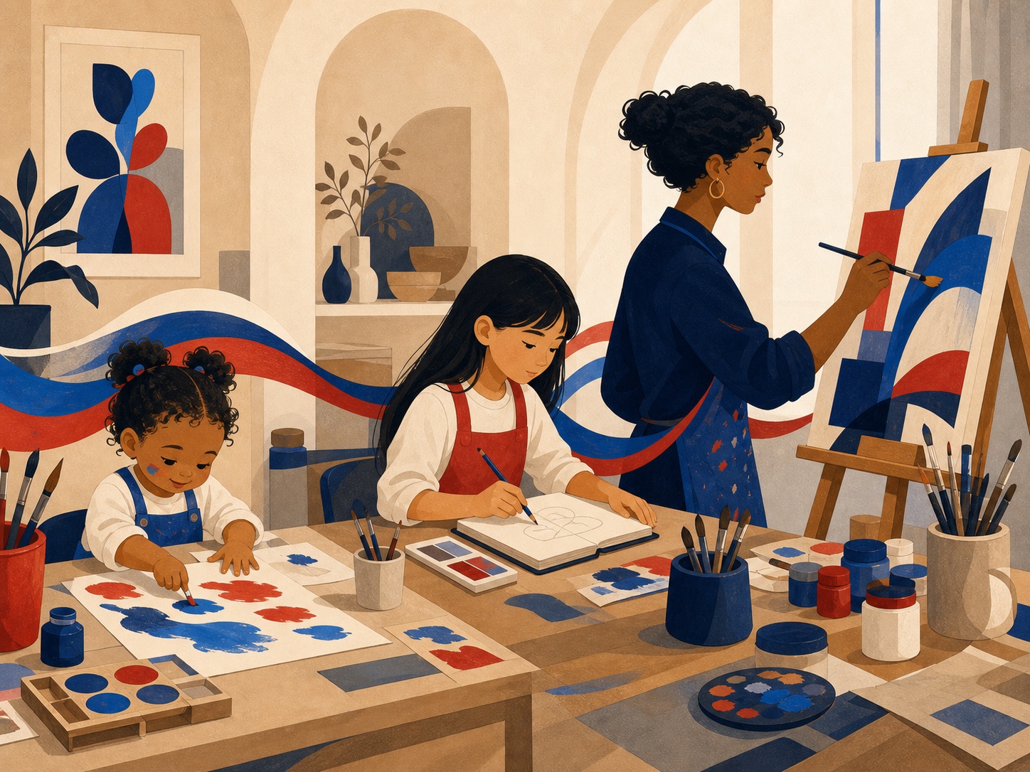 Illustrated creative journey from a child's first marks to adult studio painting