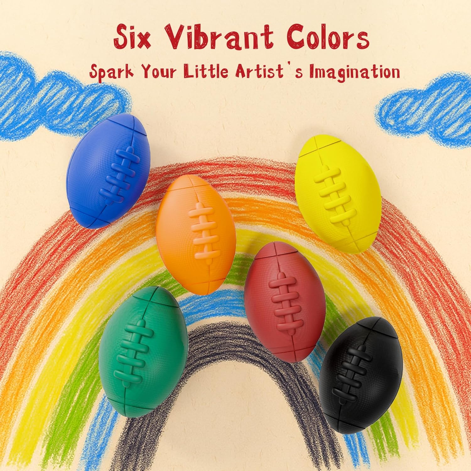 Jumbo Crayons, Football Big Crayons for Toddlers and Babies, 6 Colors, Unbreakable, Non-Toxic, Easy Grip for Small Hands, No Mess Coloring, Baby Learning Gifts