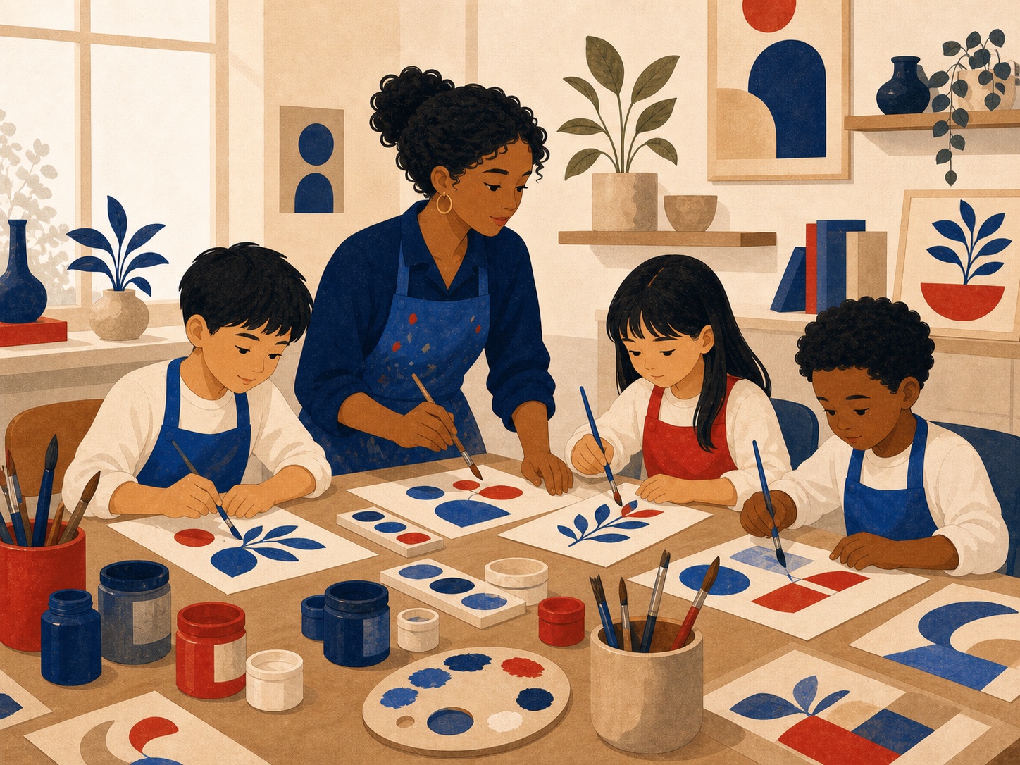 Illustrated supervised classroom art lesson