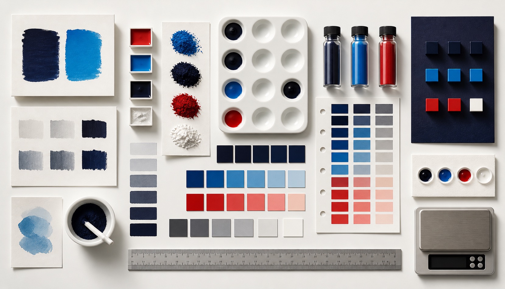 Editorial color research workspace with pigments, swatches and painting tools
