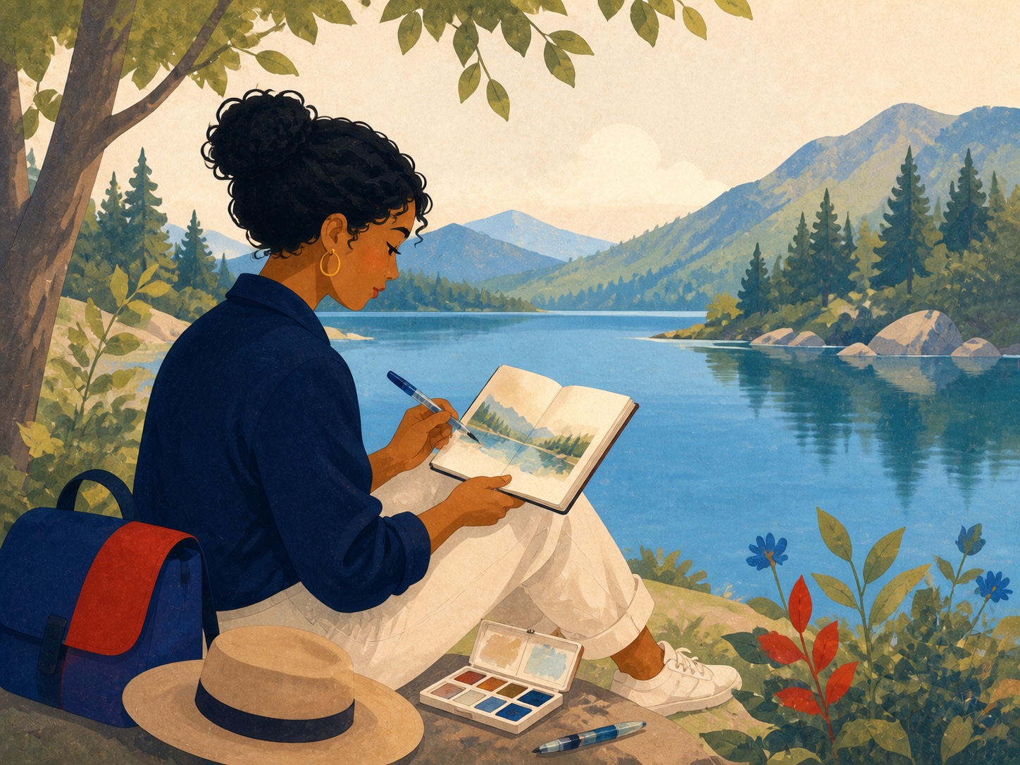 Illustrated outdoor watercolor travel sketching scene