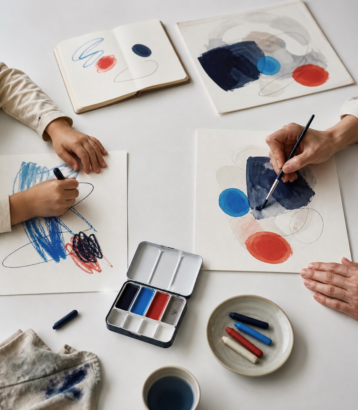 Child and adult hands creating artwork together with iColorLab-inspired colors