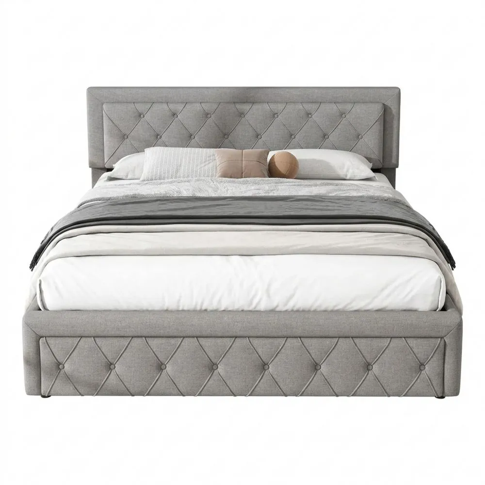 Modernes Doppelbett mit Stauraum und Leselicht, 180x200 cm, inkl. USB-Ladestation, graues Leinen