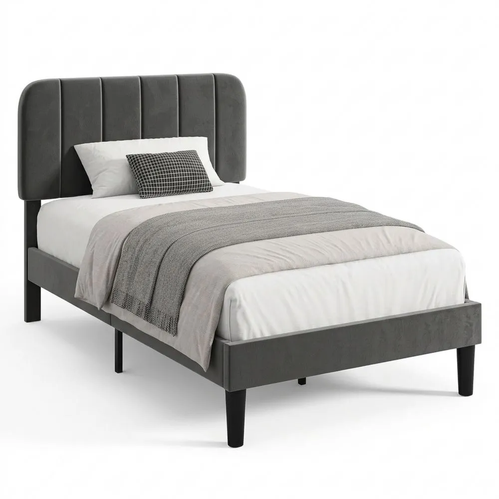 Einzelbett 90x200 cm mit Lattenrost und Rückenlehne, Leinenstoff, Grau