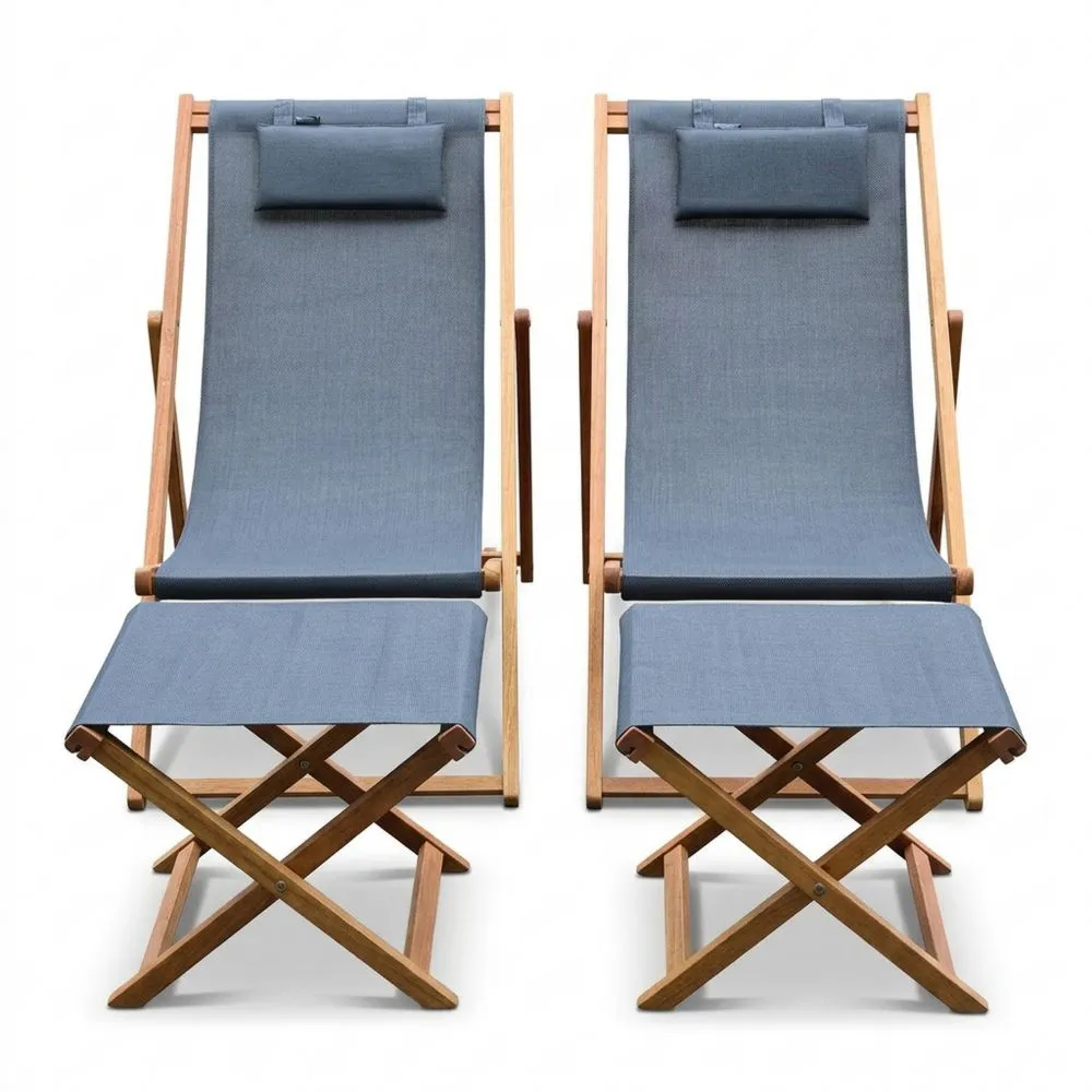 Liegestühle aus Eukalyptusholz mit Kopfstütze und Fußablage