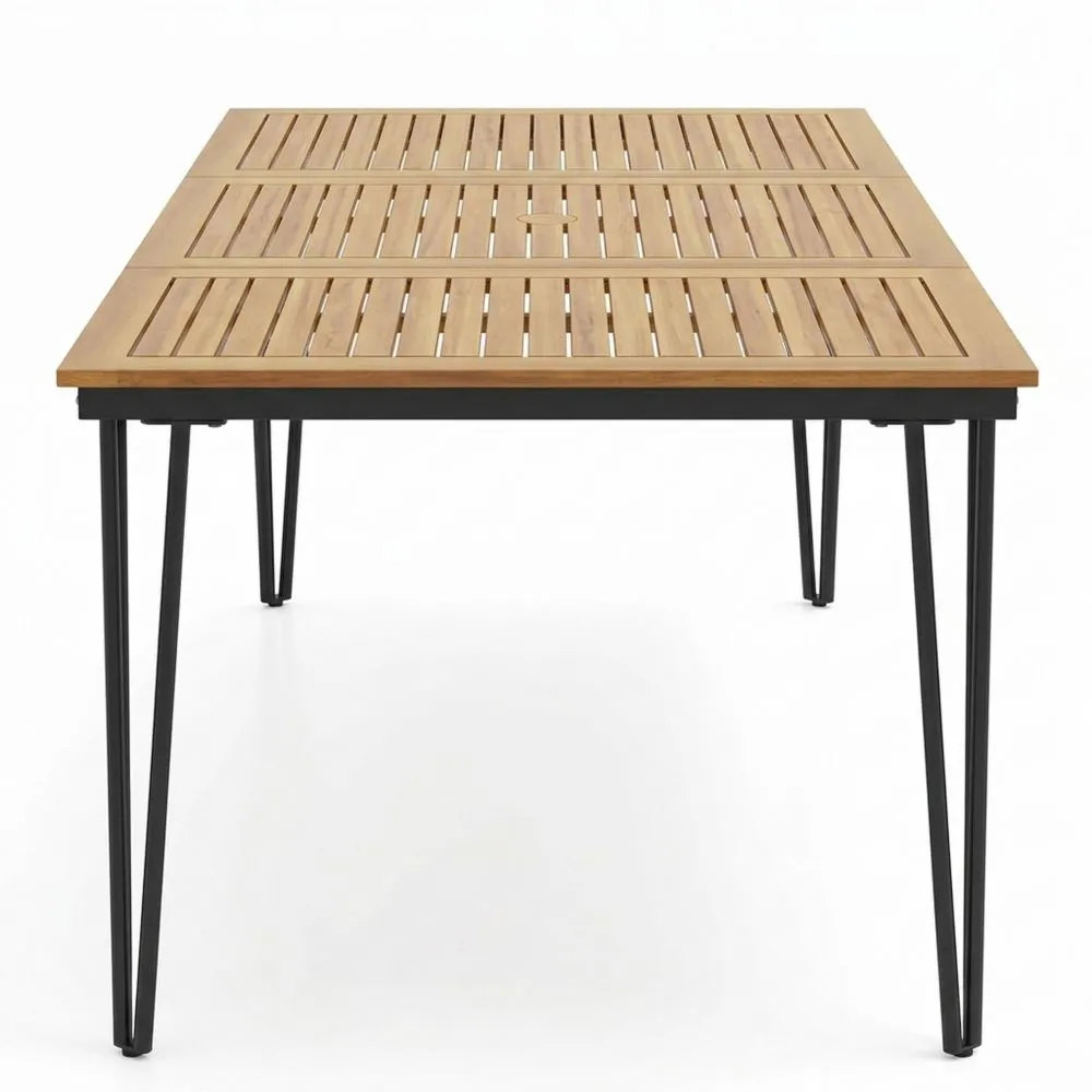 Rechteckiger Esstisch aus Akazienholz für den Außenbereich, wetterfest mit Schirmloch