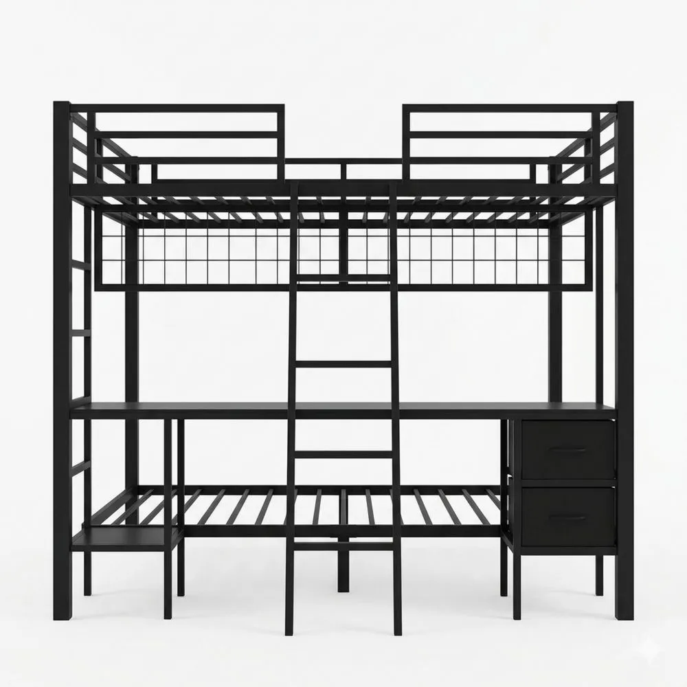 Metall-Hochbett mit Schreibtisch und Stauraum, inklusive LED und USB-Anschluss