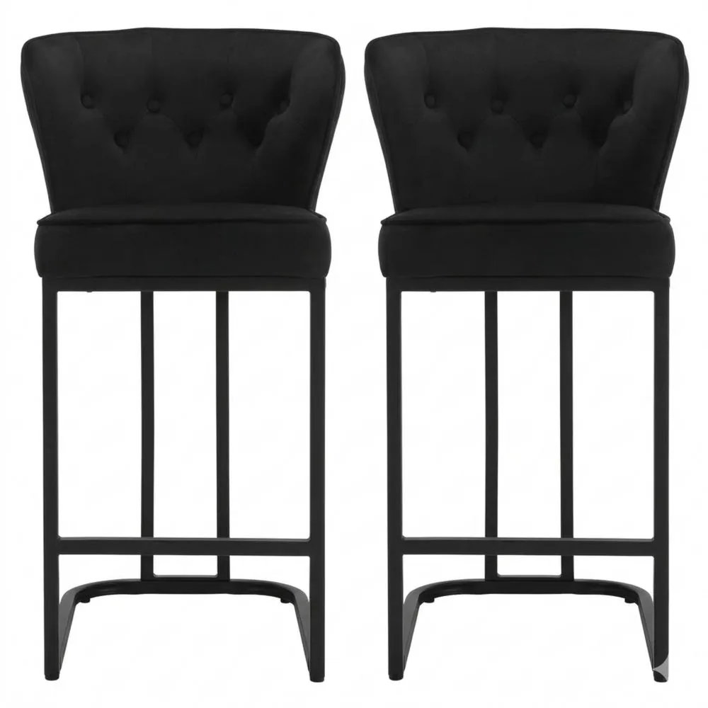 Moderner Samt-Barhocker mit Rückenlehne und Fußstütze, Set aus 2 Stühlen, Schwarz