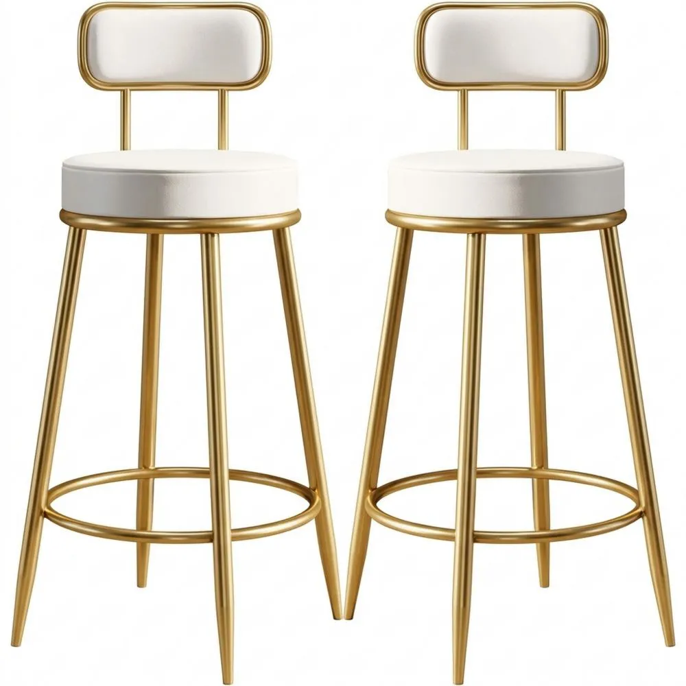 Eleganter Barhocker mit Metallfuß und Lederpolsterung, 2er-Set, Weiß