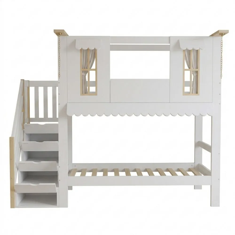 Hausbett für Kinder mit Treppe und Fenster, Etagenbett 90x200 mit Dekoration
