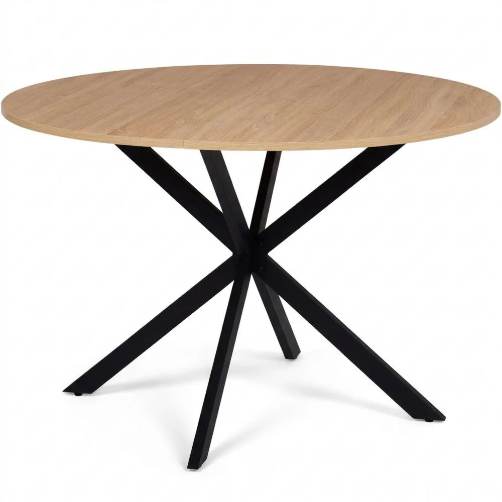 Runder Esstisch für 6 Personen mit Holzplatte und schwarzem Spinnenfuß, 110 cm