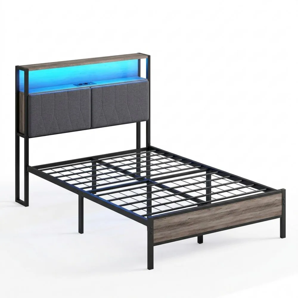 Modernes Einzelbett mit Polsterkopfteil und LED-Beleuchtung, 120x200 cm, inkl. Lattenrost und Stauraum