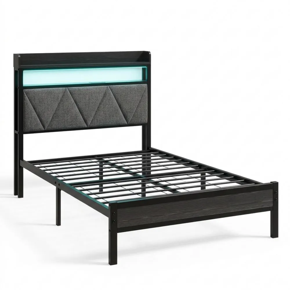 Robuster Metallbettrahmen 90x200cm mit LED-Beleuchtung und Stauraum