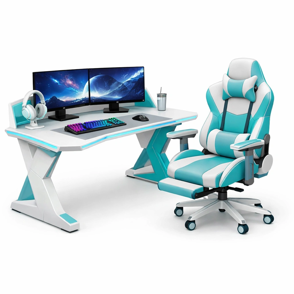 Gaming Tisch Set Weiss Blau 140 cm