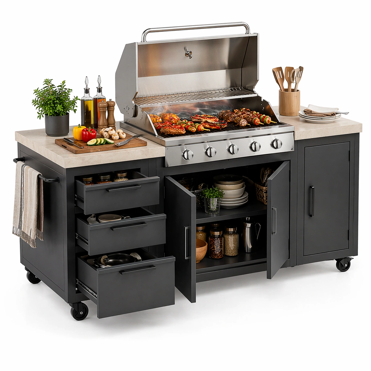 Outdoor Grillstation Schwarz Edelstahl 190 cm