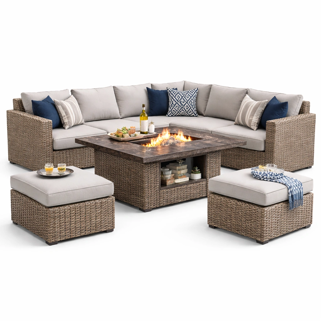 Garten Lounge Set Beige Rattan mit Feuer Tisch