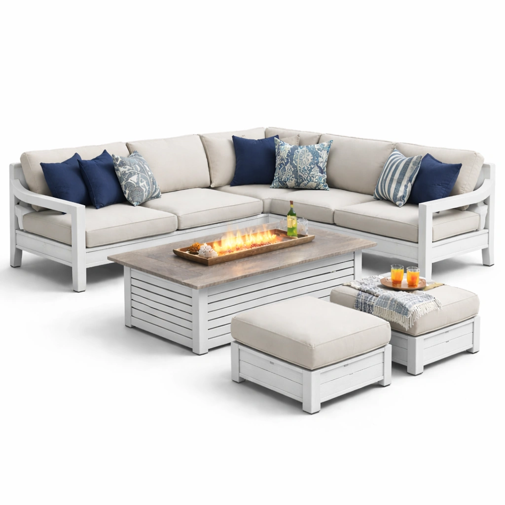 Garten Lounge Set Weiss Modern mit Feuer Tisch