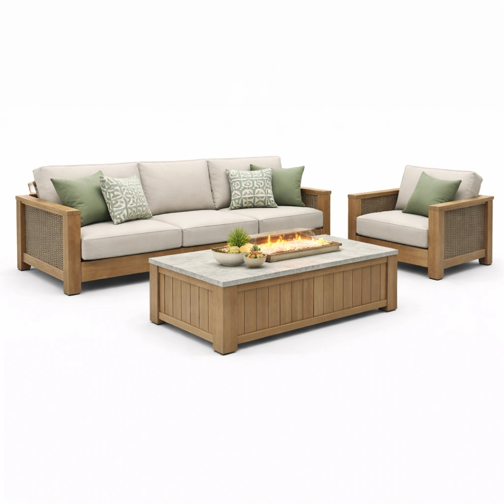 Garten Sofa Set Holz Natur mit Feuer Tisch