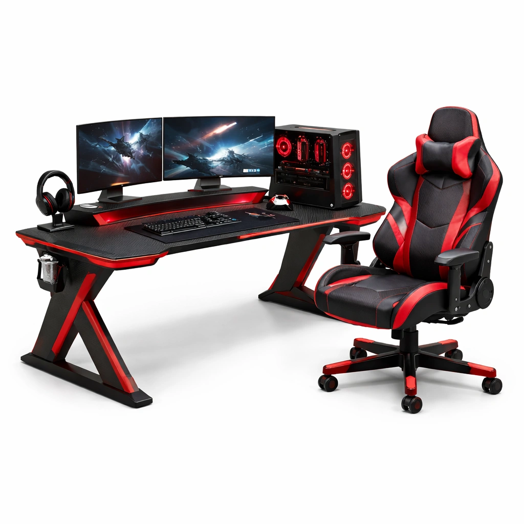 Gaming Tisch Set Schwarz Rot 140 cm