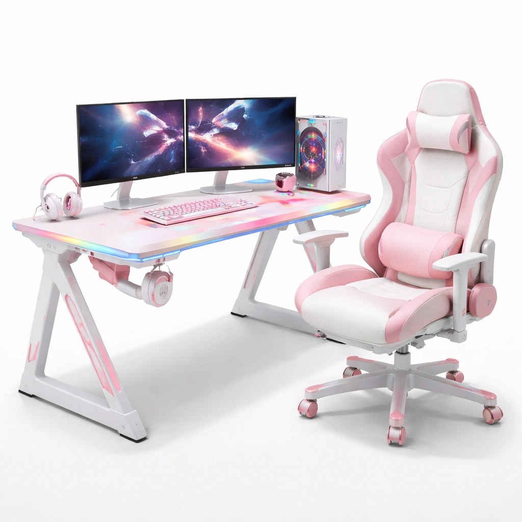 Gaming Tisch Set Weiss Rosa 140 cm