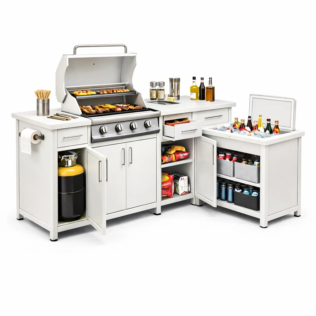 Outdoor Grillstation Weiss mit Kuehlfach 180 cm