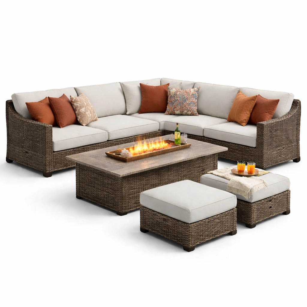 Garten Lounge Set Beige Rattan mit Feuer Tisch