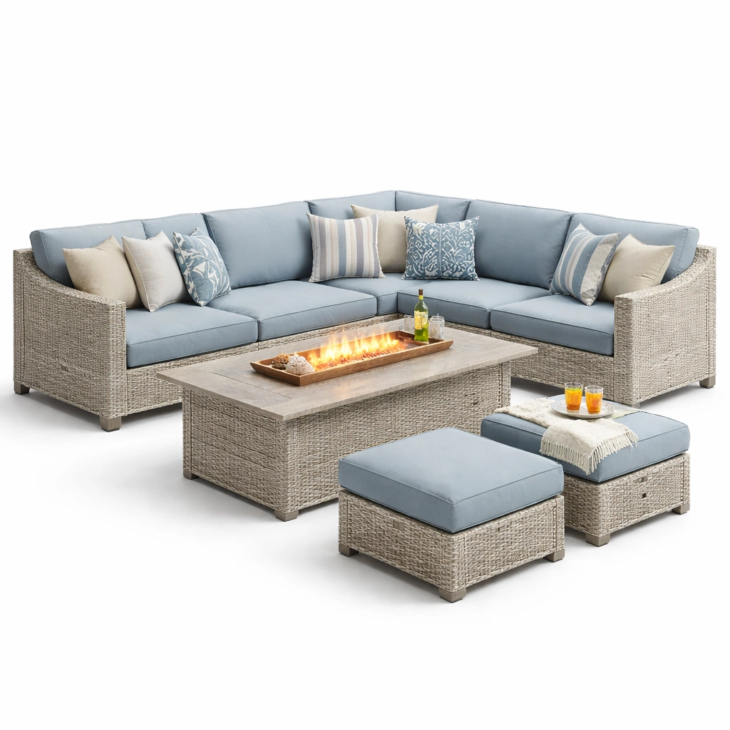 Garten Lounge Set Hellgrau Rattan mit Feuer Tisch