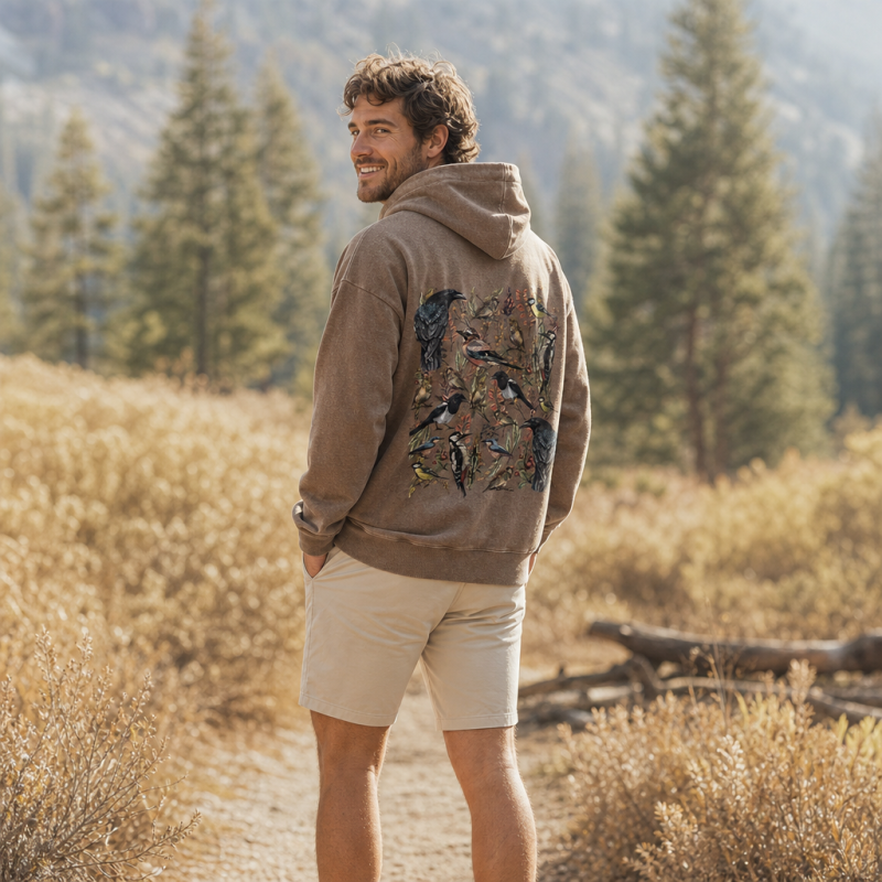 Vintage Wild Birds Botanical  Washed Hoodie