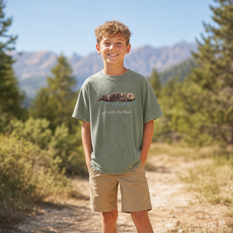 Go With The Flow Sea Otter Wildlife Nature Kids Washed T-Shirt