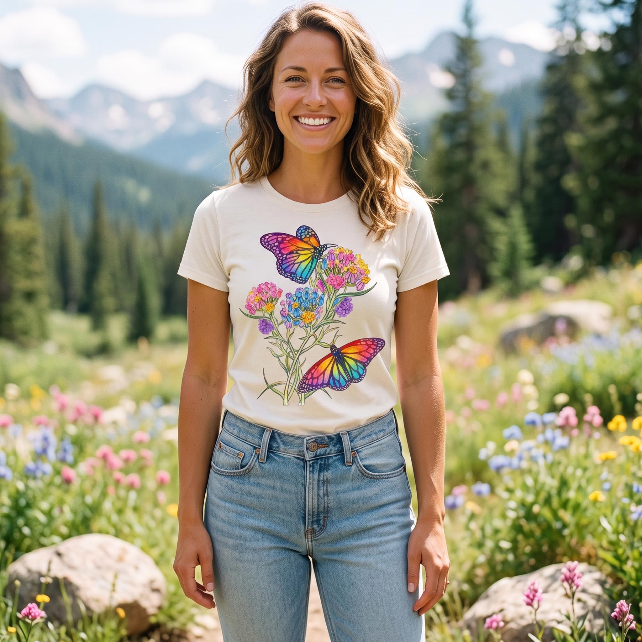 Rainbow Butterflies & Blooming Flowers T-Shirt