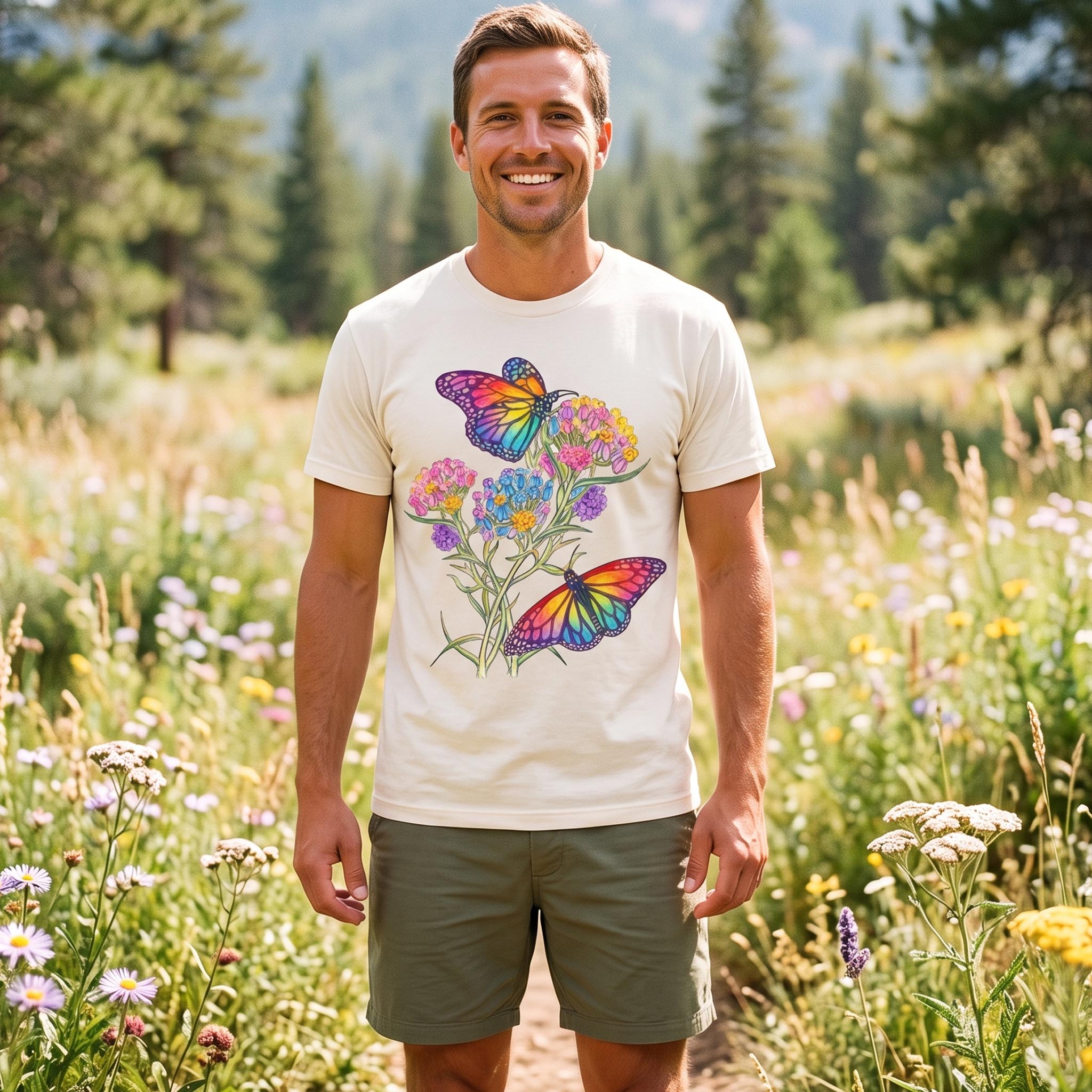 Rainbow Butterflies & Blooming Flowers T-Shirt