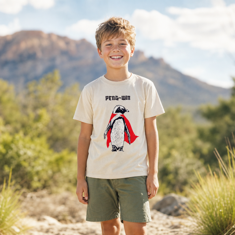 Superhero Peng-win Kids Washed T-Shirt