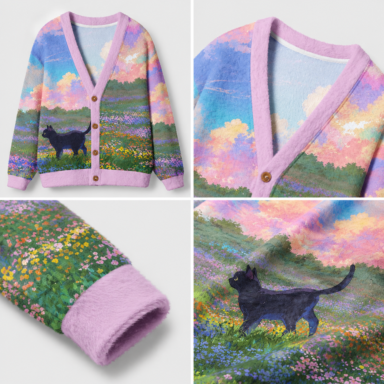 Mystic Black Cat Flower Ugly Cardigan Sweaters