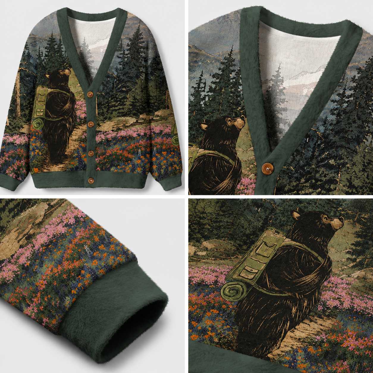 Bear Wilderness Adventure Ugly Cardigan Sweaters