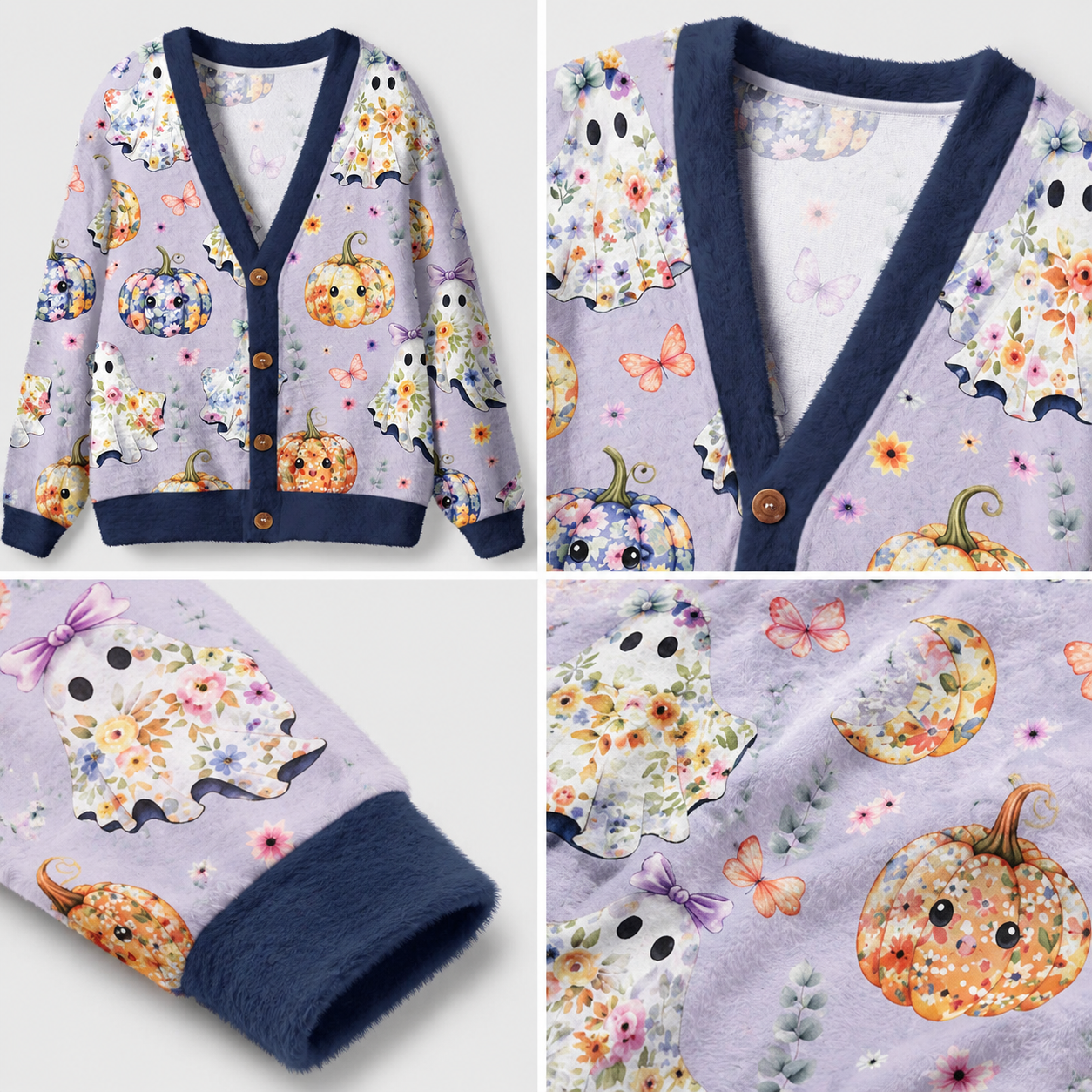 Ghost Pumpkin Floral Halloween Ugly Cardigan Sweaters
