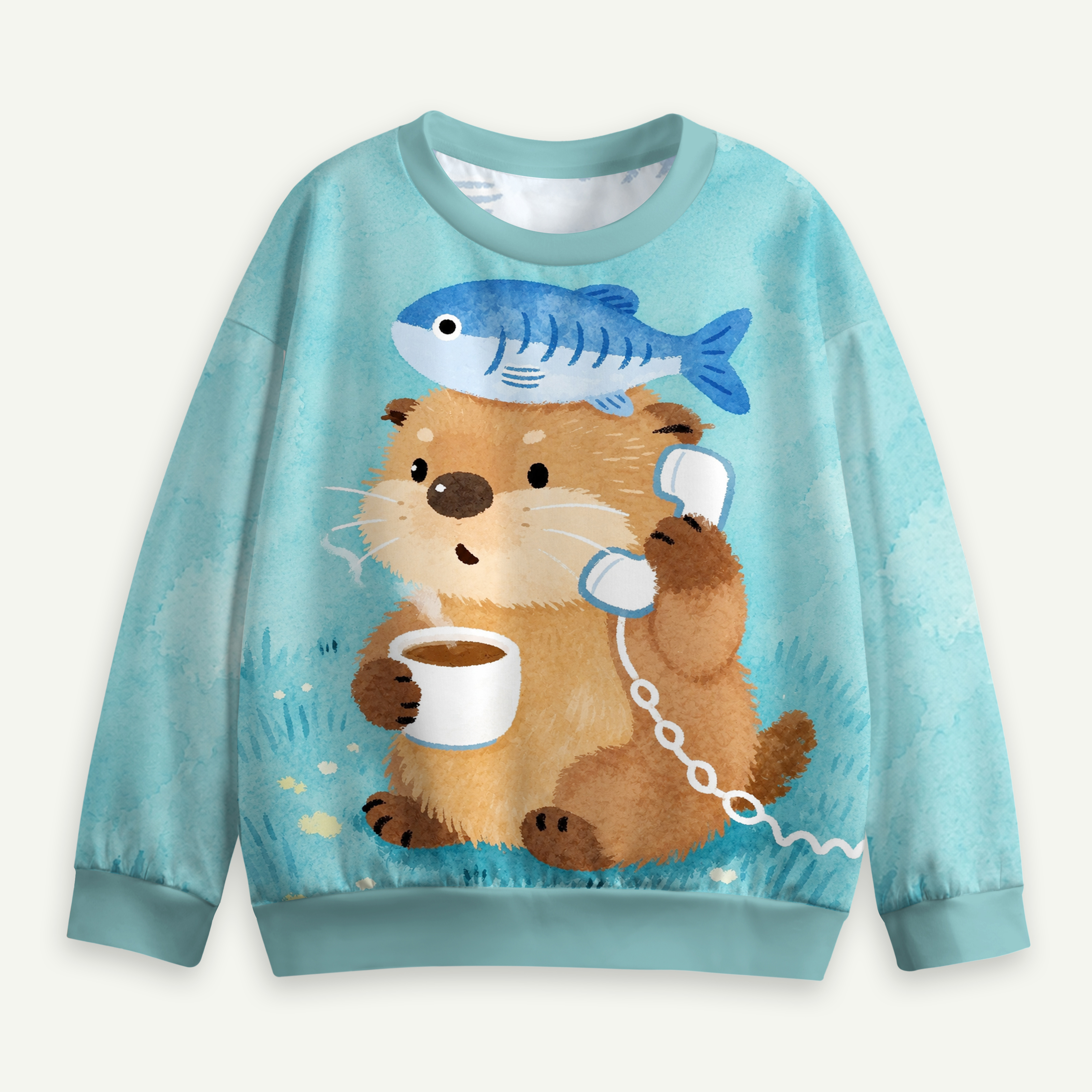 Coffee Break Otter With Fish Hat Kids All-over Printed Sweatshirt