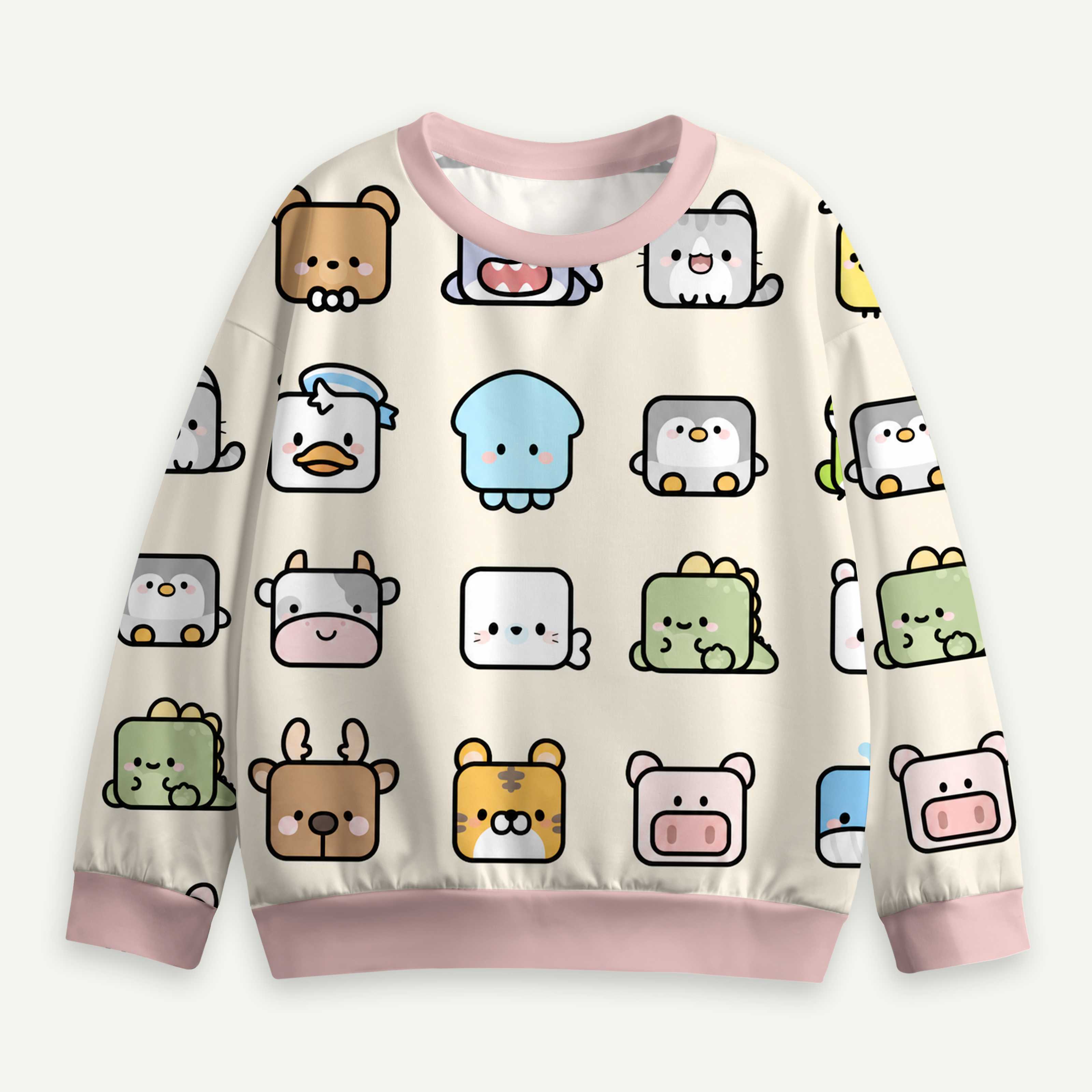 Tiny Animal Faces Kawaii Grid Kids All-over Printed Sweatshirt