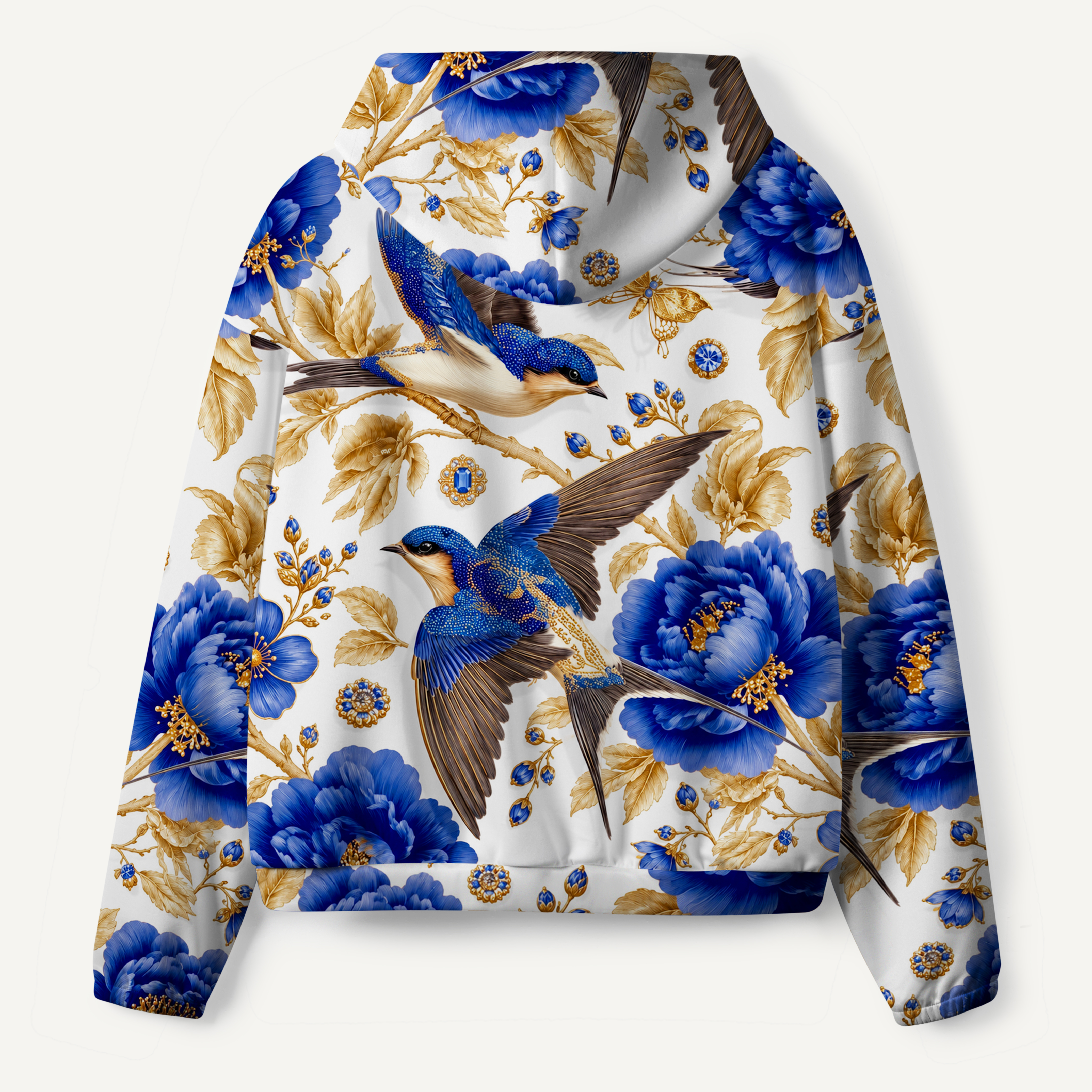 Indigo Birds And Peonies Pattern All-over Printed Hoodie