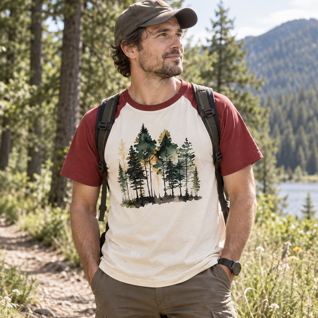 Watercolor Pine Forest Landscape Raglan T-Shirt