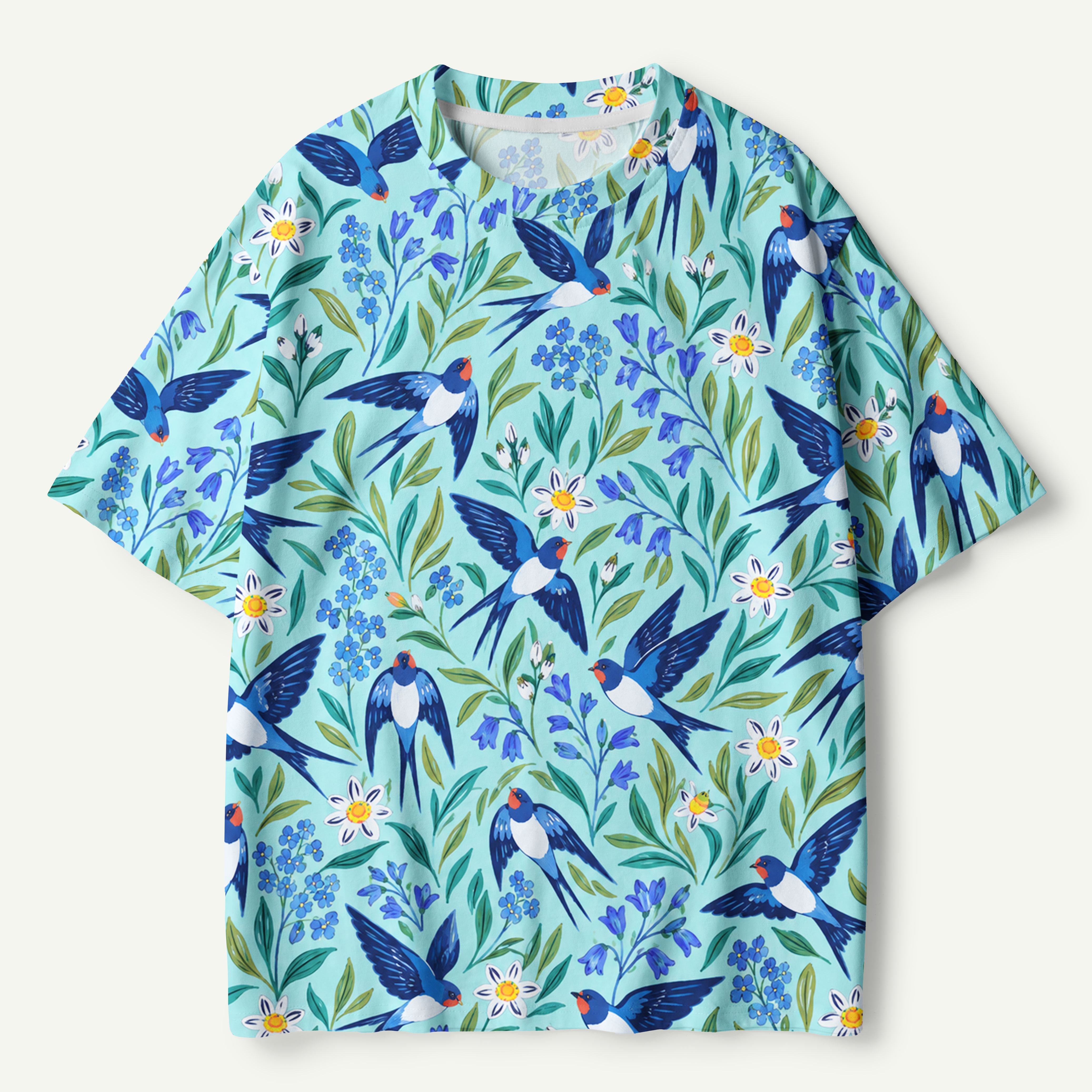 Blue Birds In Lush Garden Pattern Premium Pure Cotton Tee