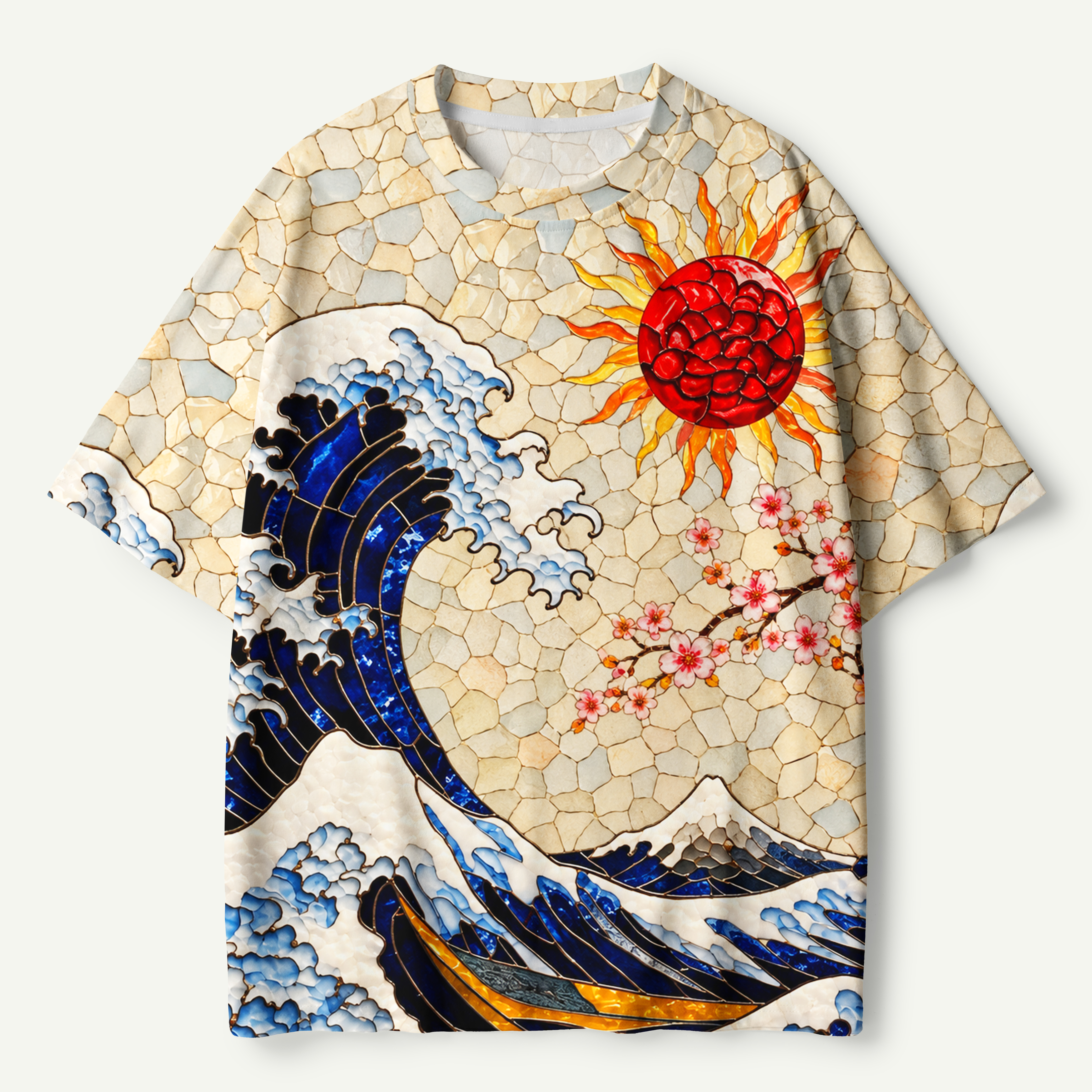 Mosaic Wave And Red Sun Artistic Scene Premium Pure Cotton Tee
