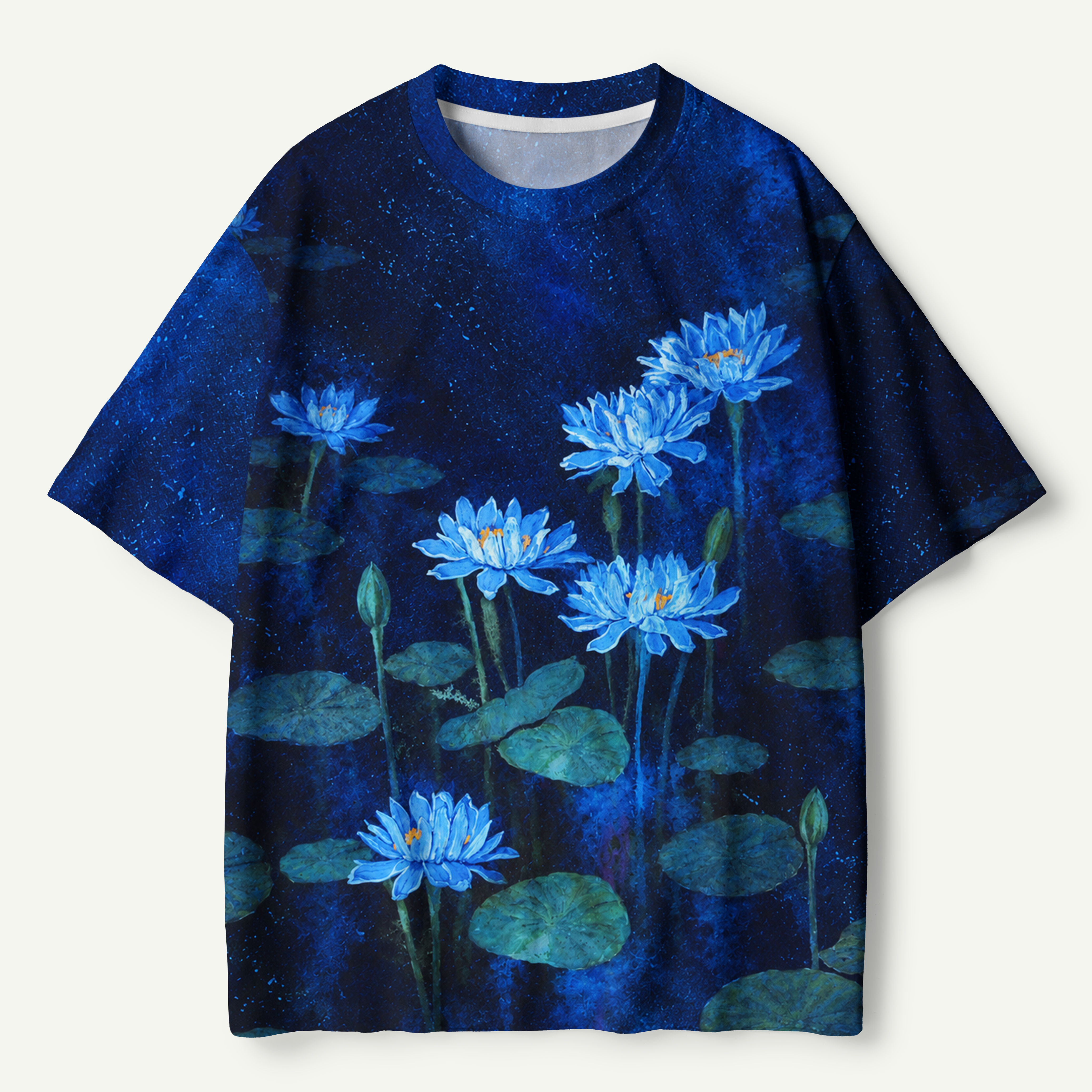 Blue Water Lilies In Moonlit Pond Premium Pure Cotton Tee