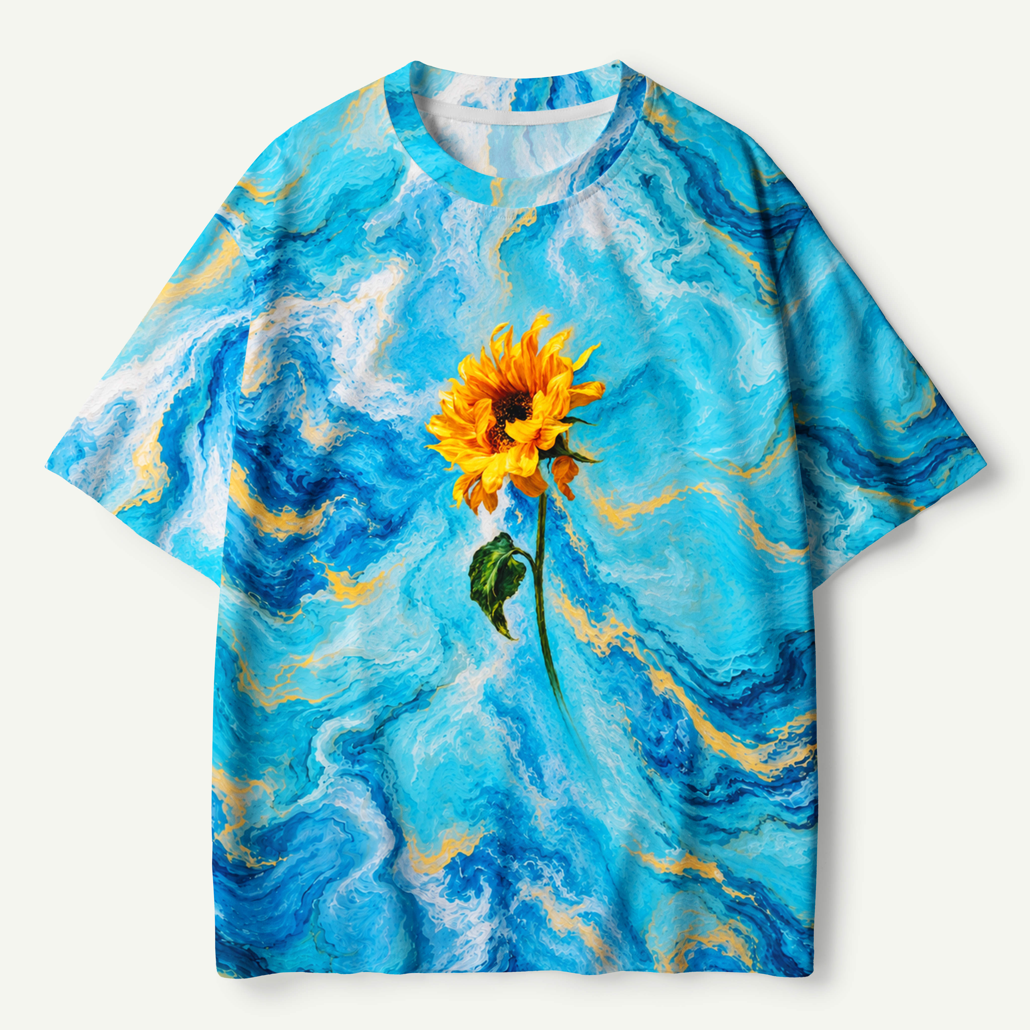 Sunflower In Blue Marble Flow Premium Pure Cotton Tee
