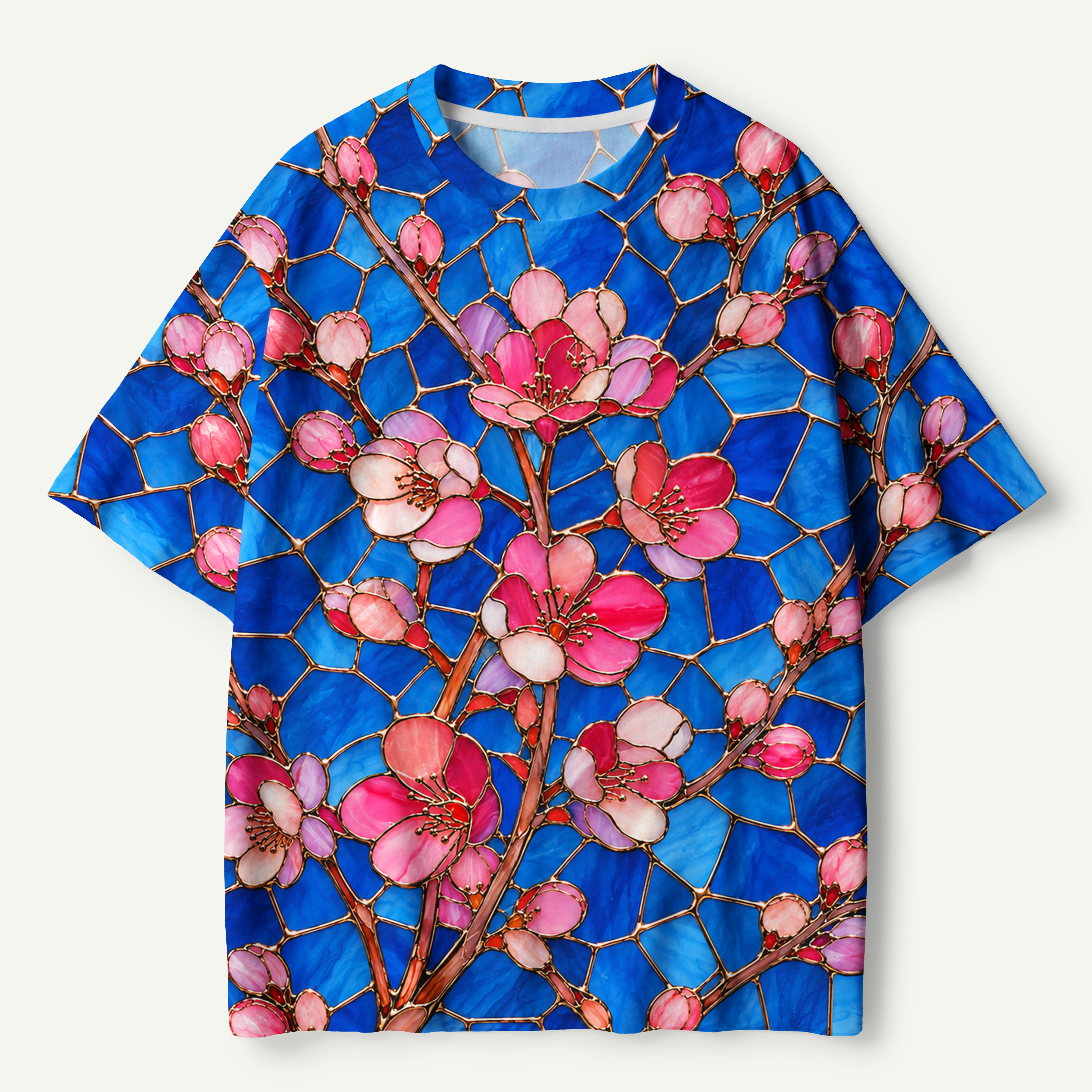 Pink Blossoms On Sapphire Mosaic Premium Pure Cotton Tee