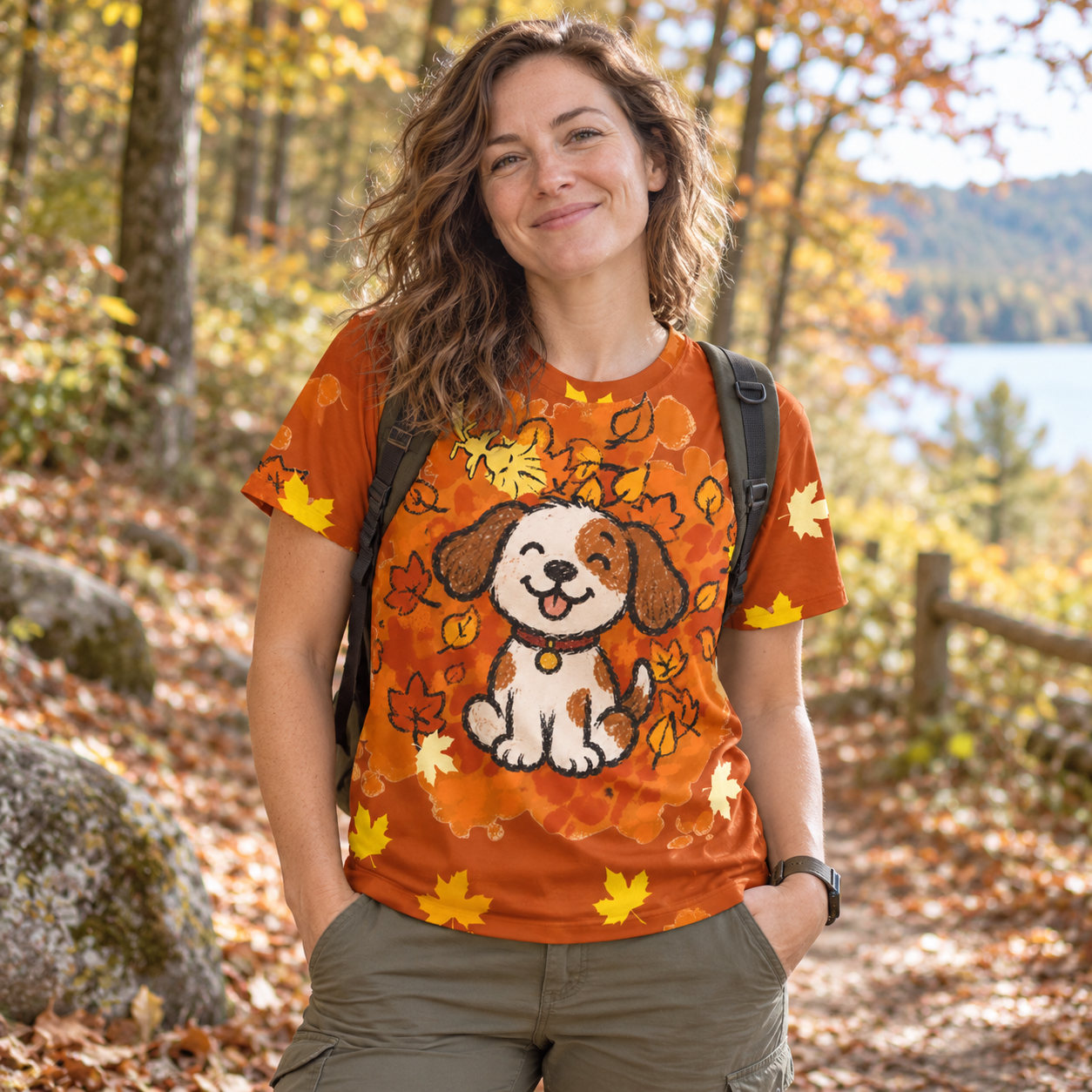 Happy White Dog In Autumn Leaves Fall Art Premium Cotton Tee